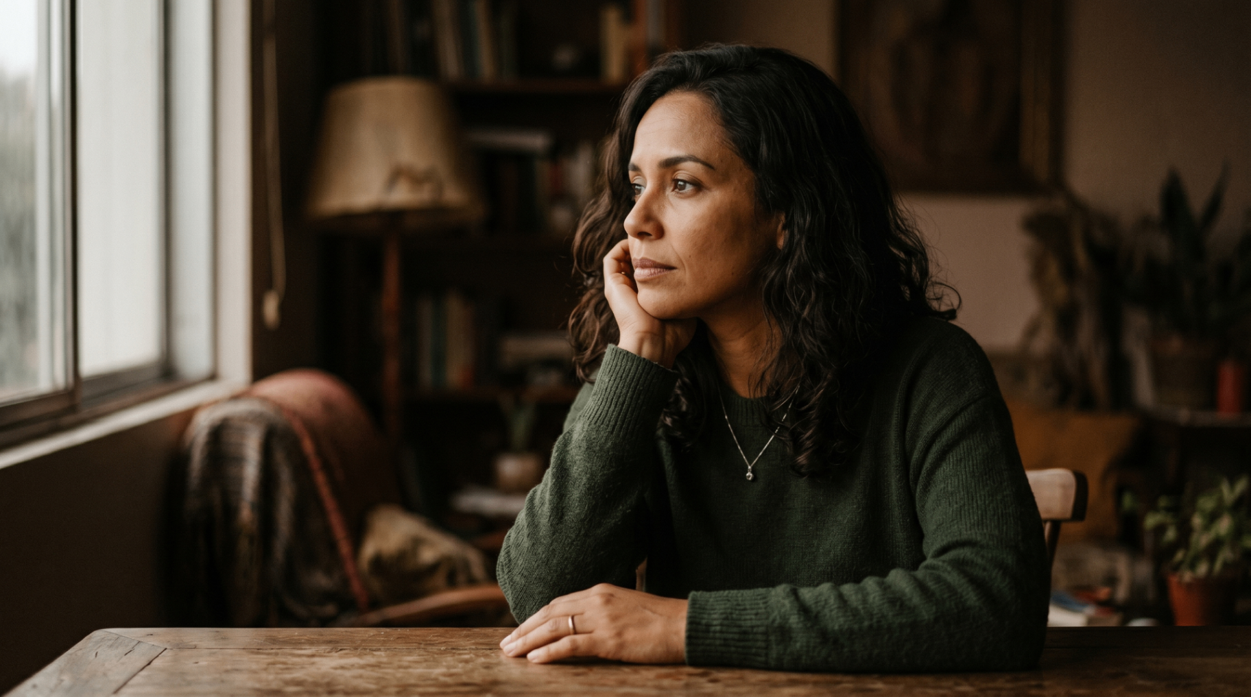 Mulher pensativa olhando pela janela