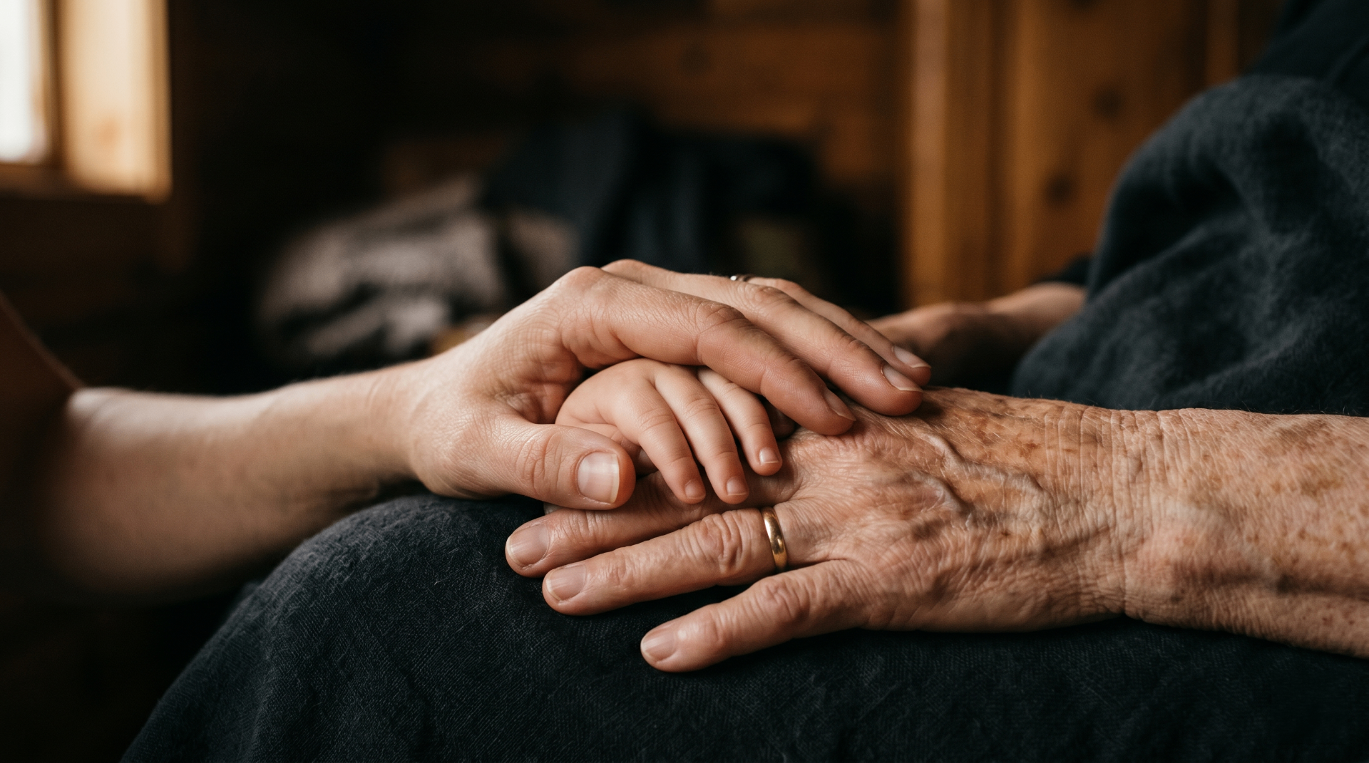 Três gerações de mãos descansando sobre uma mesa de madeira