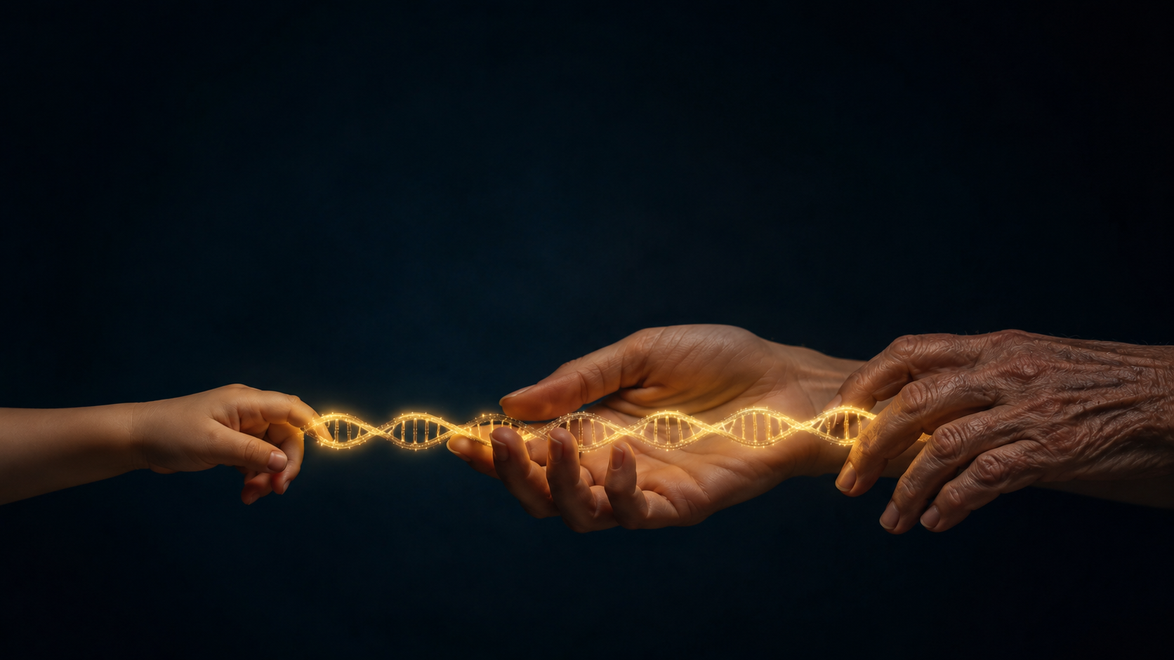 Três gerações de mãos conectadas por uma fita de DNA